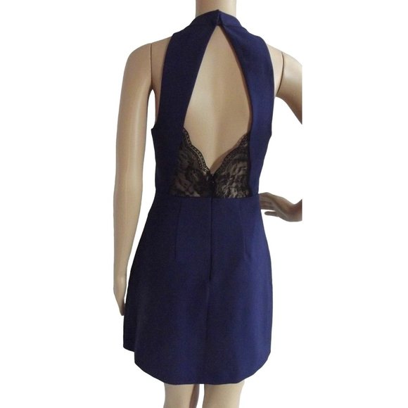 Express 6 Blue Mock Neck Keyhole Sleeveless Sheath Dress back black lace small - Picture 5 of 12